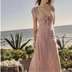 Free People Beige Tie Front Linen Maxi Dress